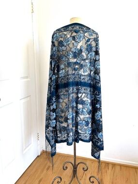 Large Blue Rose Shawl, Scarf, semi sheer, burnout with silver, original,Homemade